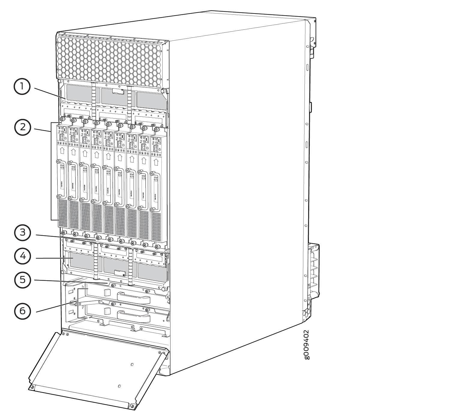 Rear View of a Fully Configured DC-Powered MX2008 Router Chassis