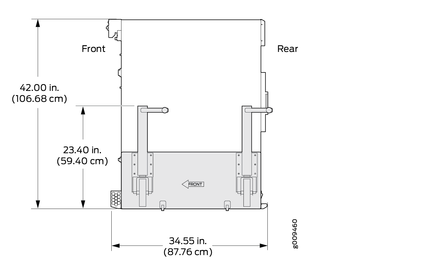 Measurements of the Router Transport Kit Installed on the MX2008 (Side View)