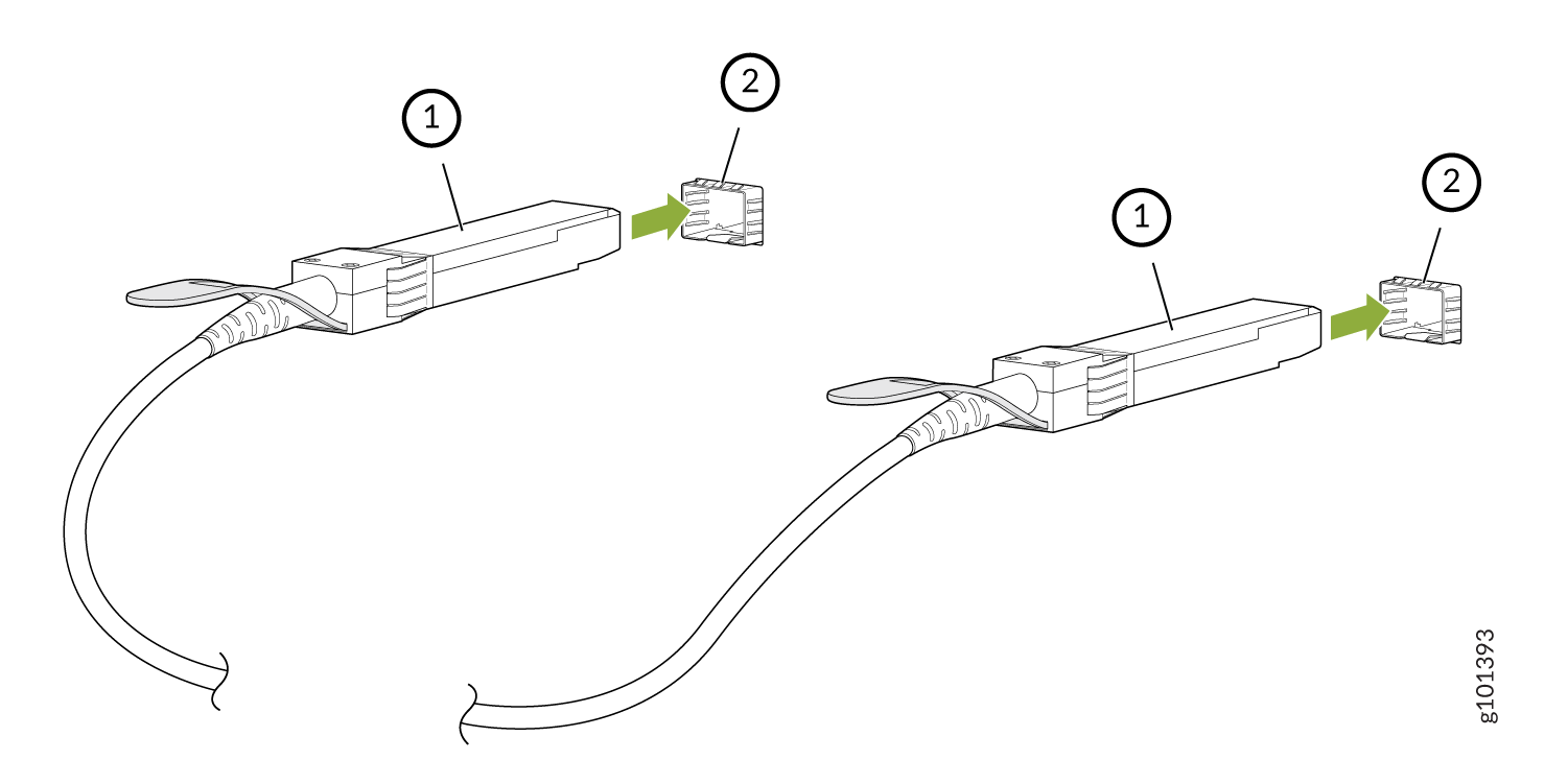 Network cables labeled 1 and 2 being inserted into ports with green arrows indicating insertion direction.
