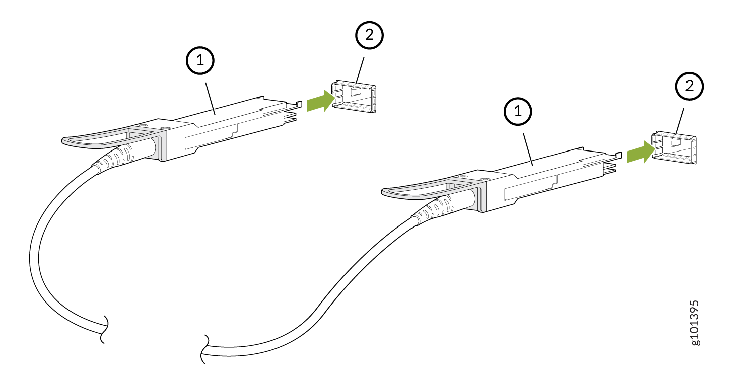 Diagram showing cable connectors labeled 1 with green arrows indicating protective caps labeled 2 to be placed over connectors.