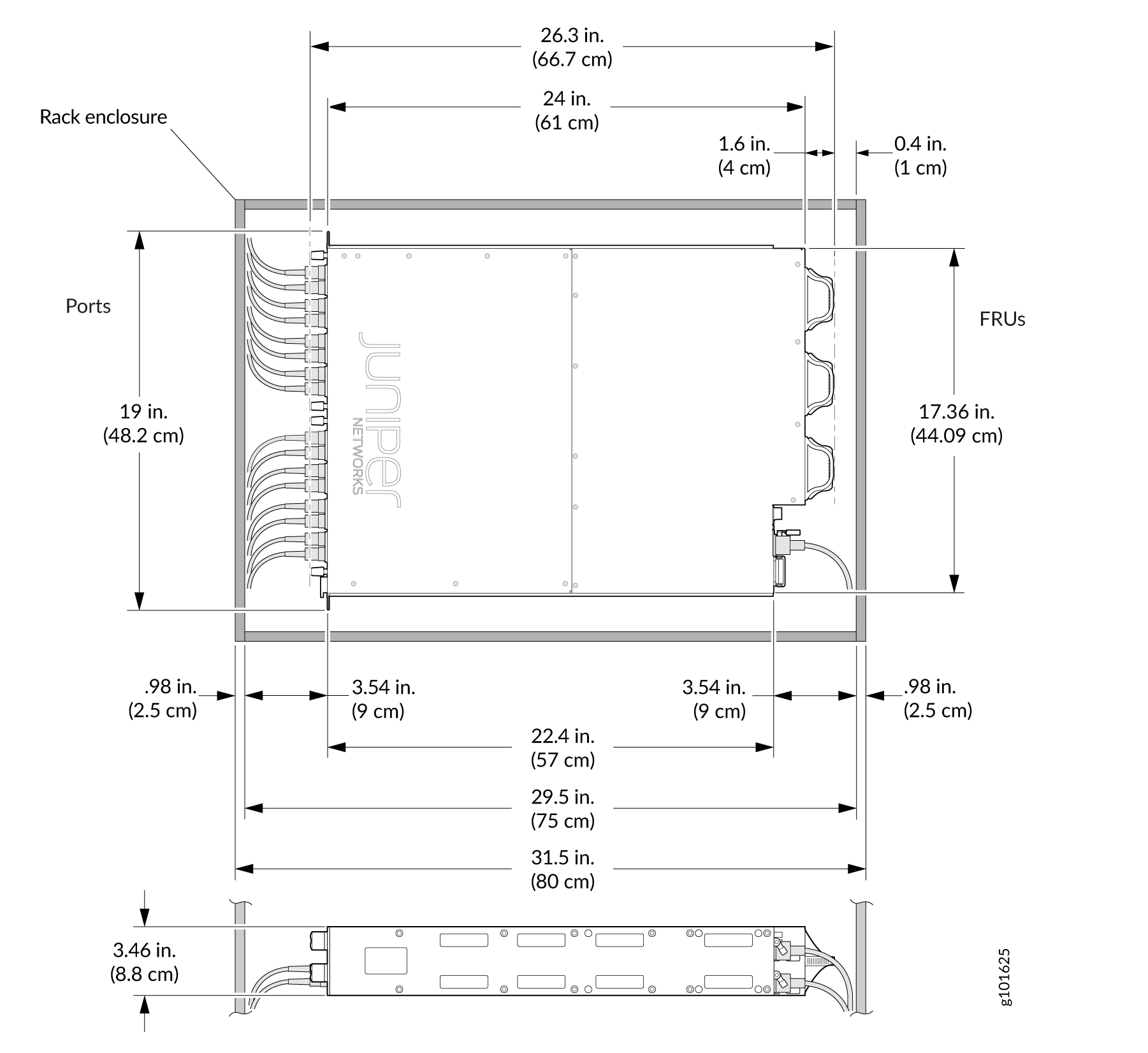 MX304 Chassis Dimensions and Clearance Requirements (for a Rack Enclosure)