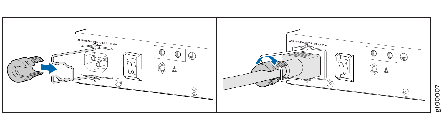 Connecting an AC Power Cord to the AC Power Cord Inlet on NFX150 Device