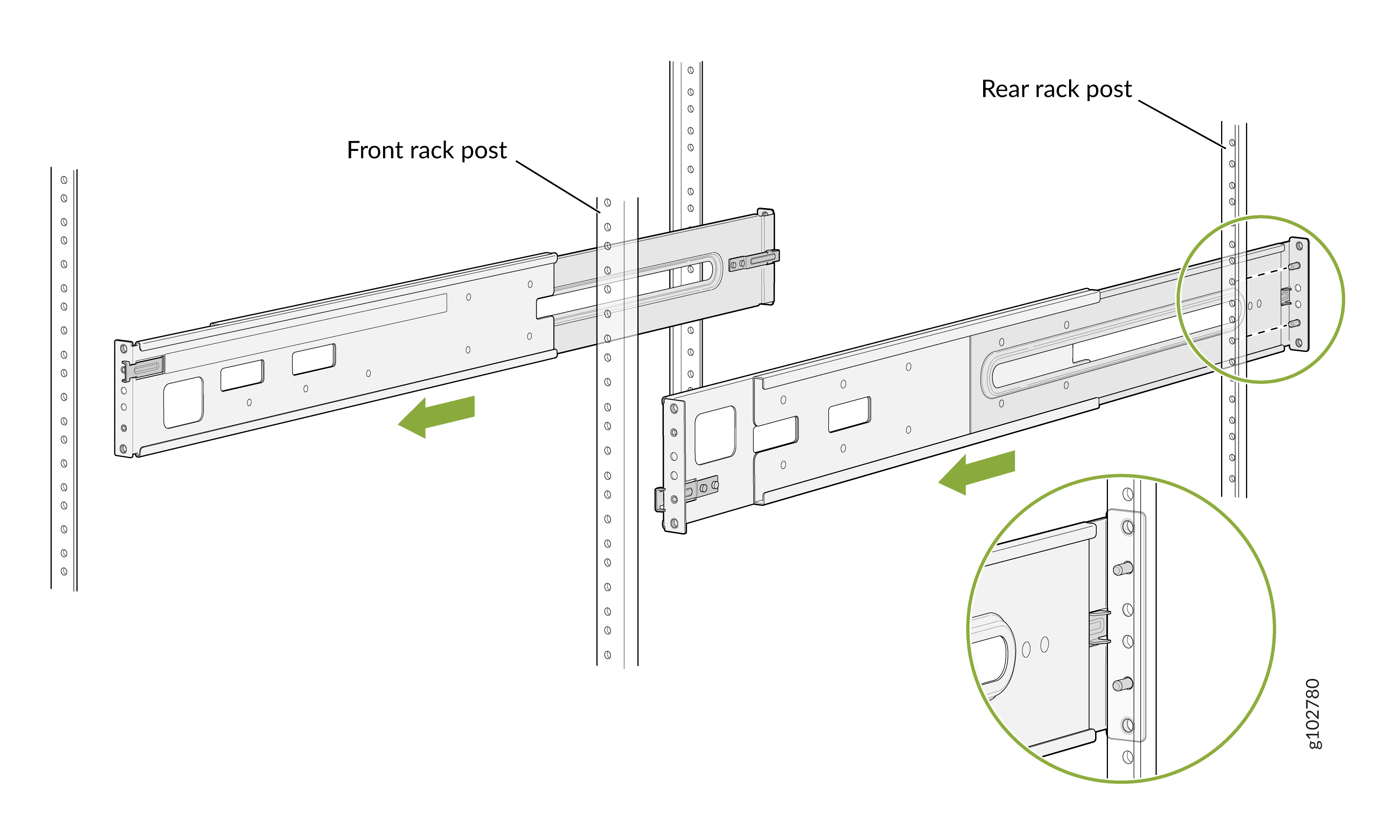 Insert the Studs on the Rear-Mounting Rails in the Holes on the Rack Posts