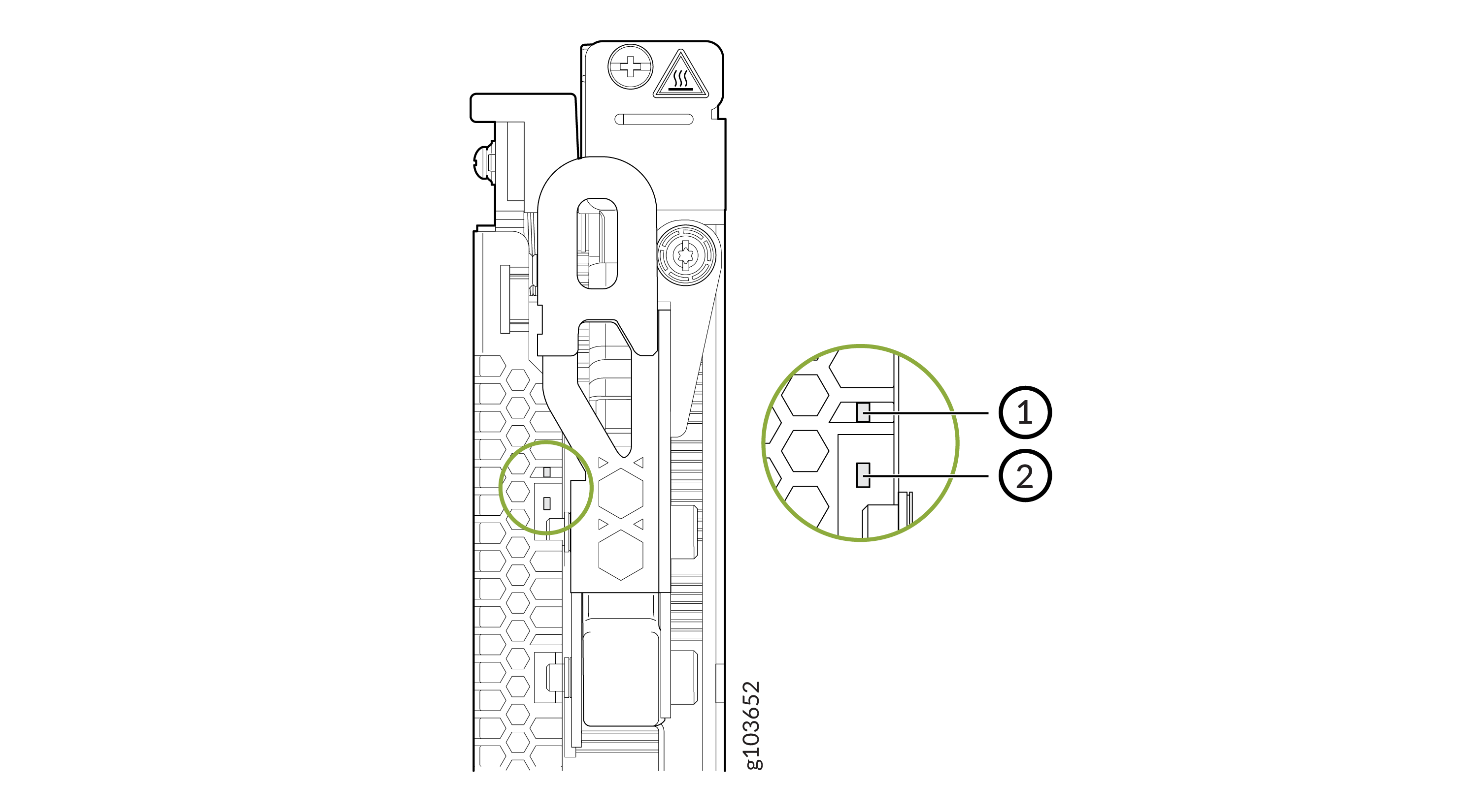 Technical diagram of a device with honeycomb pattern, highlighting indicators PWR Power and STAT Status with numbered callouts.