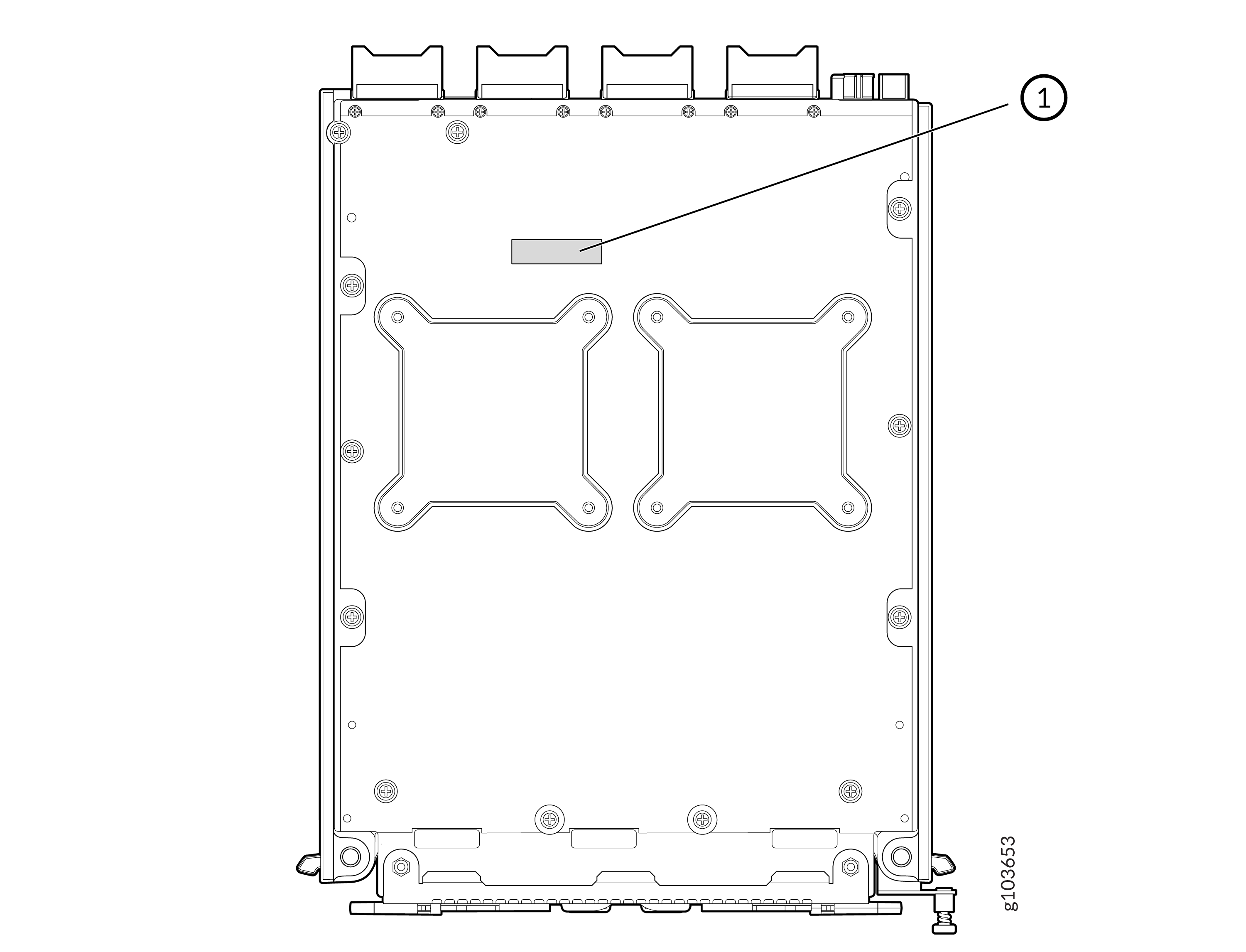 Top view technical drawing of electronic device with a label for Serial number ID location and schematic details for assembly.