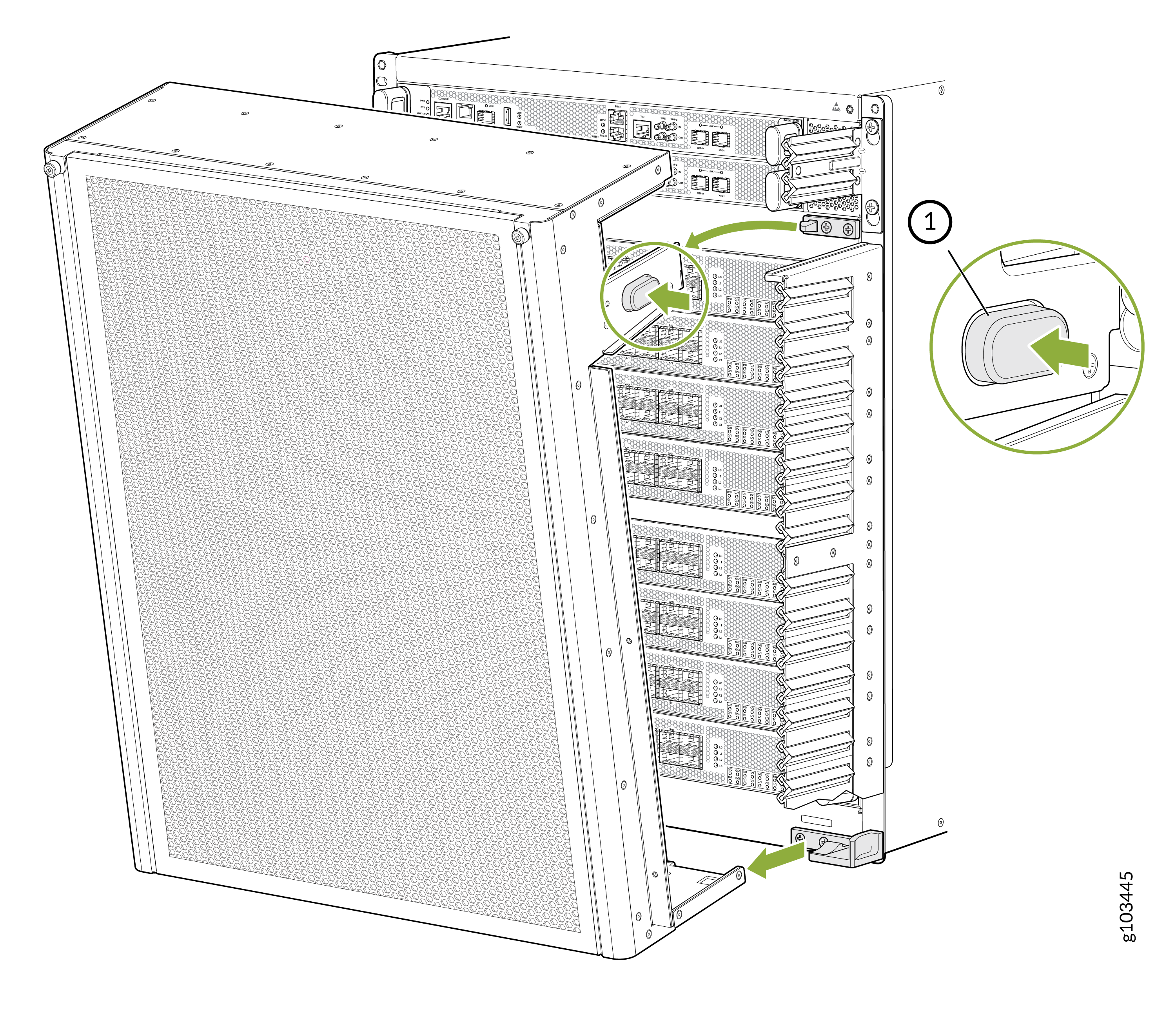 Technical illustration showing the process to access internal components of a server enclosure. Step 1 highlights a latch to engage or disengage, with green arrows indicating movement direction.