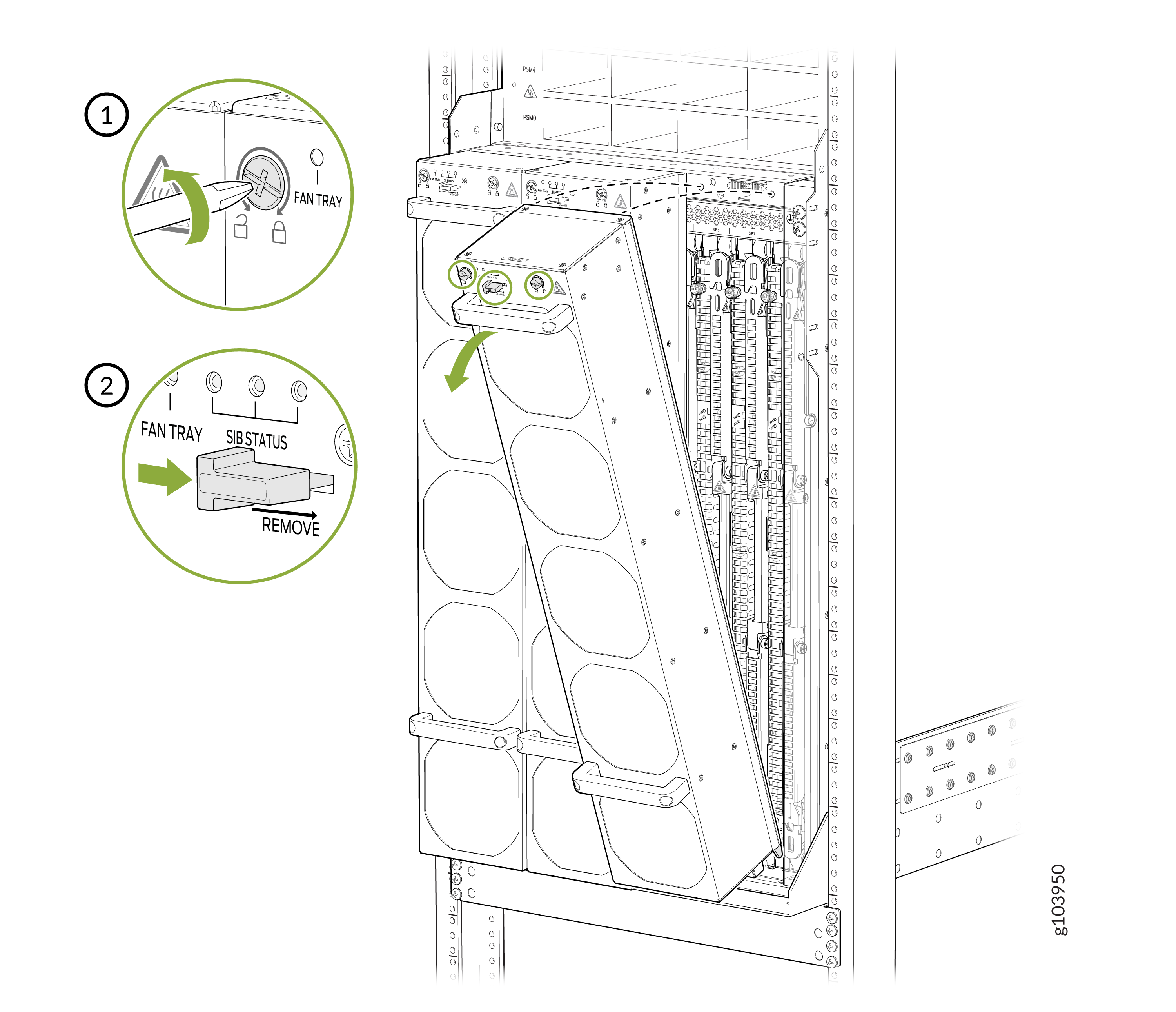 Unlock the fan tray using a key or lever, then pull it out of the server rack following the arrow guidance, with close-up insets showing detailed steps.