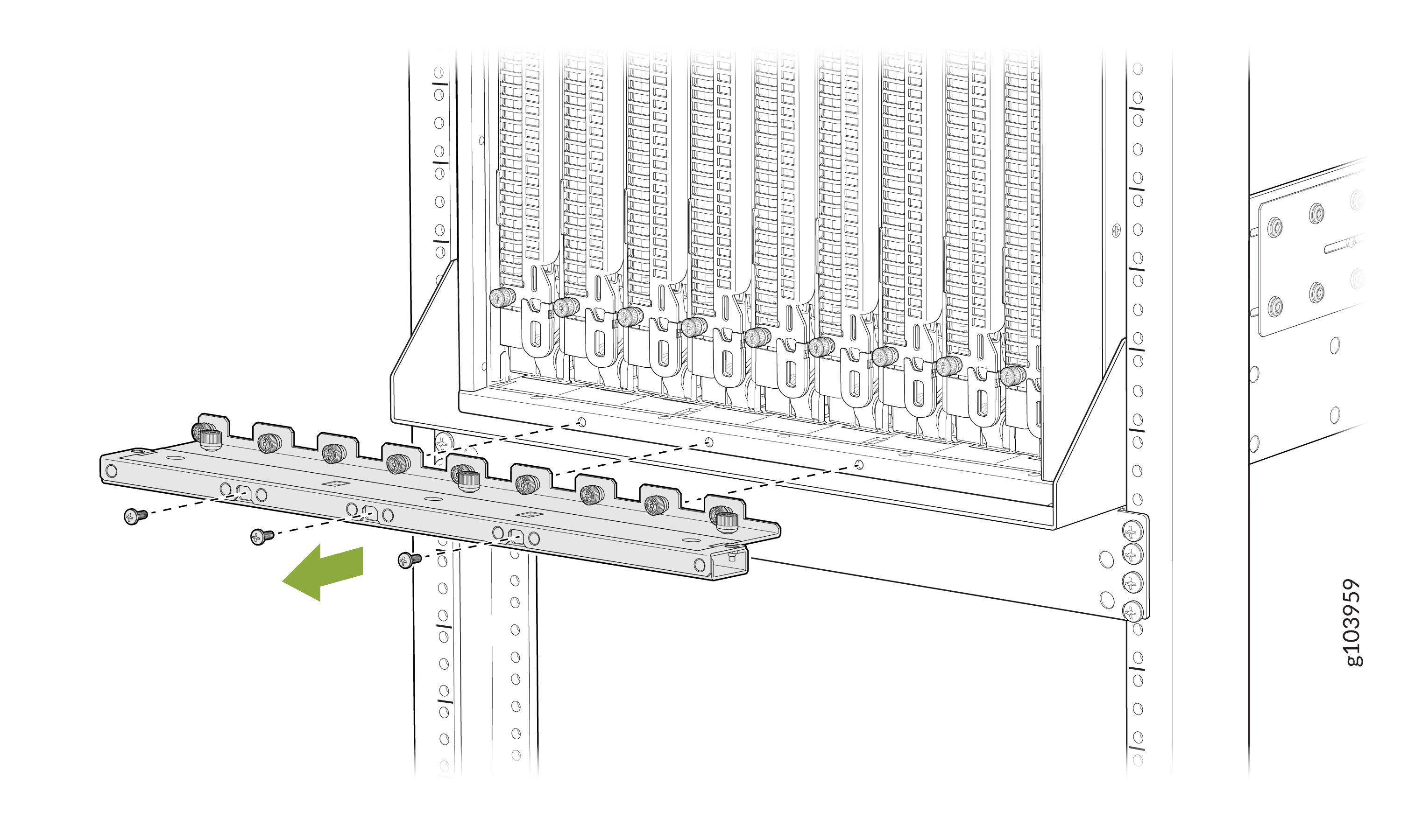 Rack-mounted equipment with a component being secured using screws and a green arrow indicating installation direction.