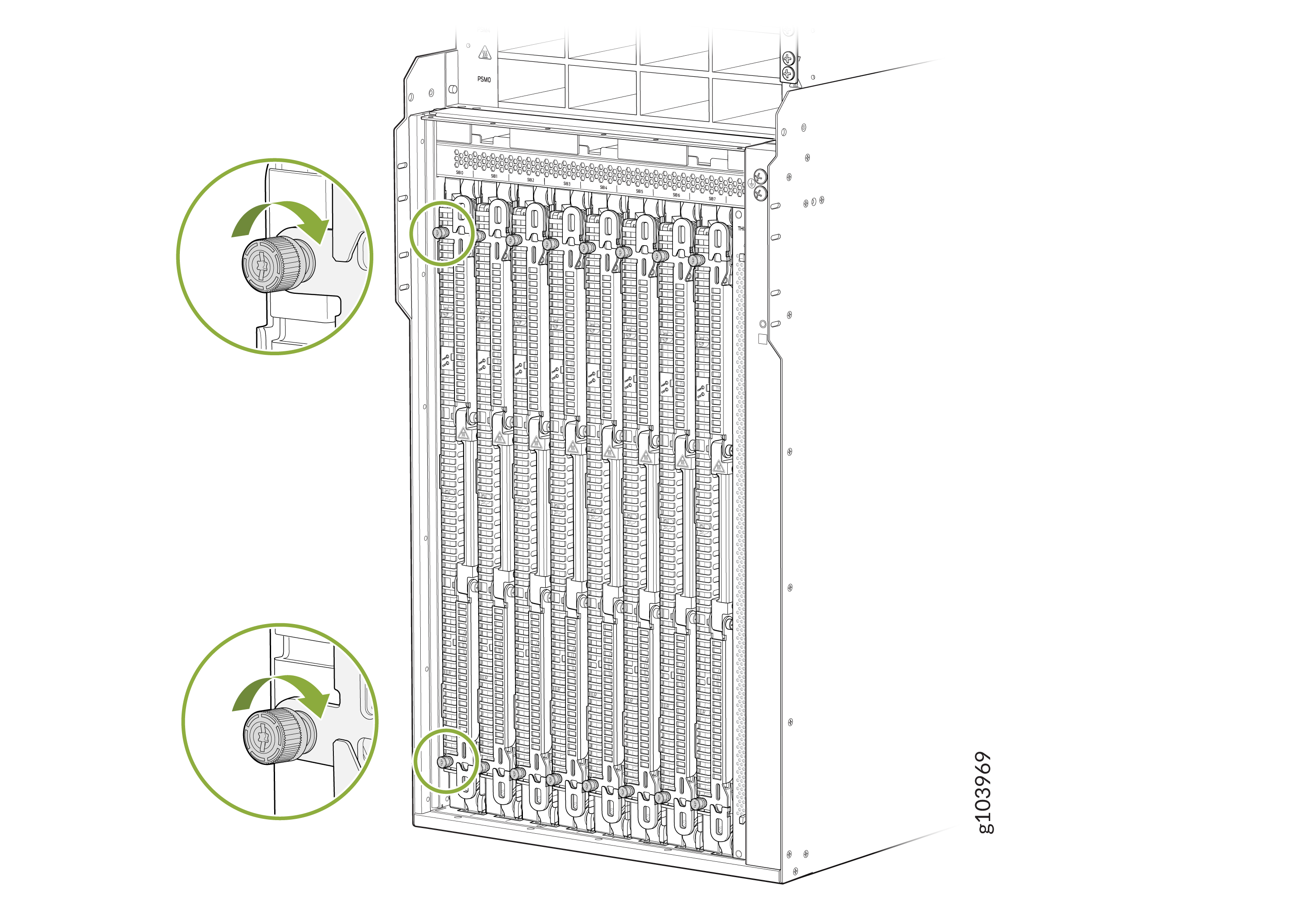 Technical illustration of a server chassis with multiple slots for blades or modules, showing green circles and arrows pointing to knobs or screws for securing components.