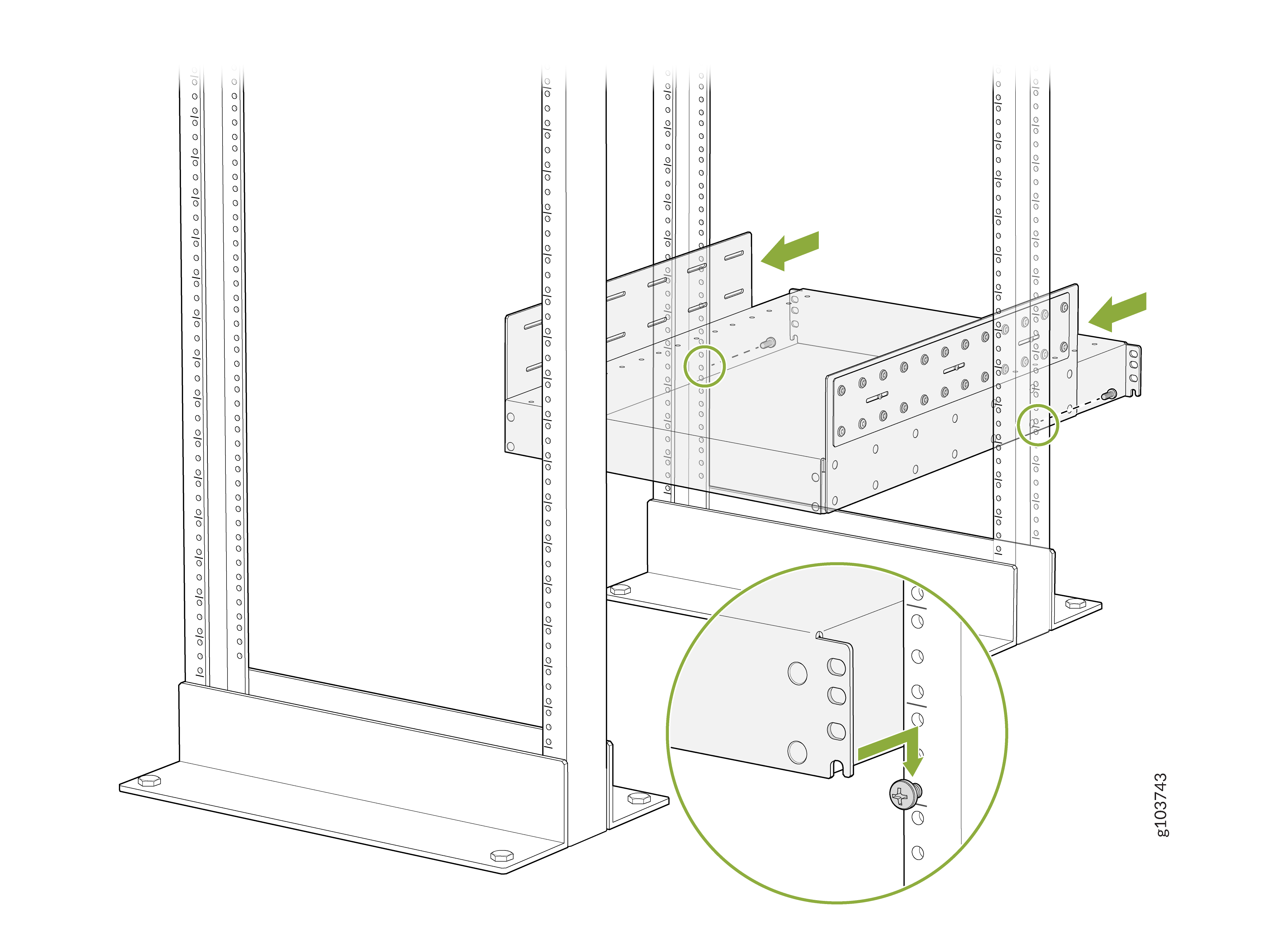 Rack-mounted shelf installation with vertical rails showing component insertion using green arrows and a screw being tightened.