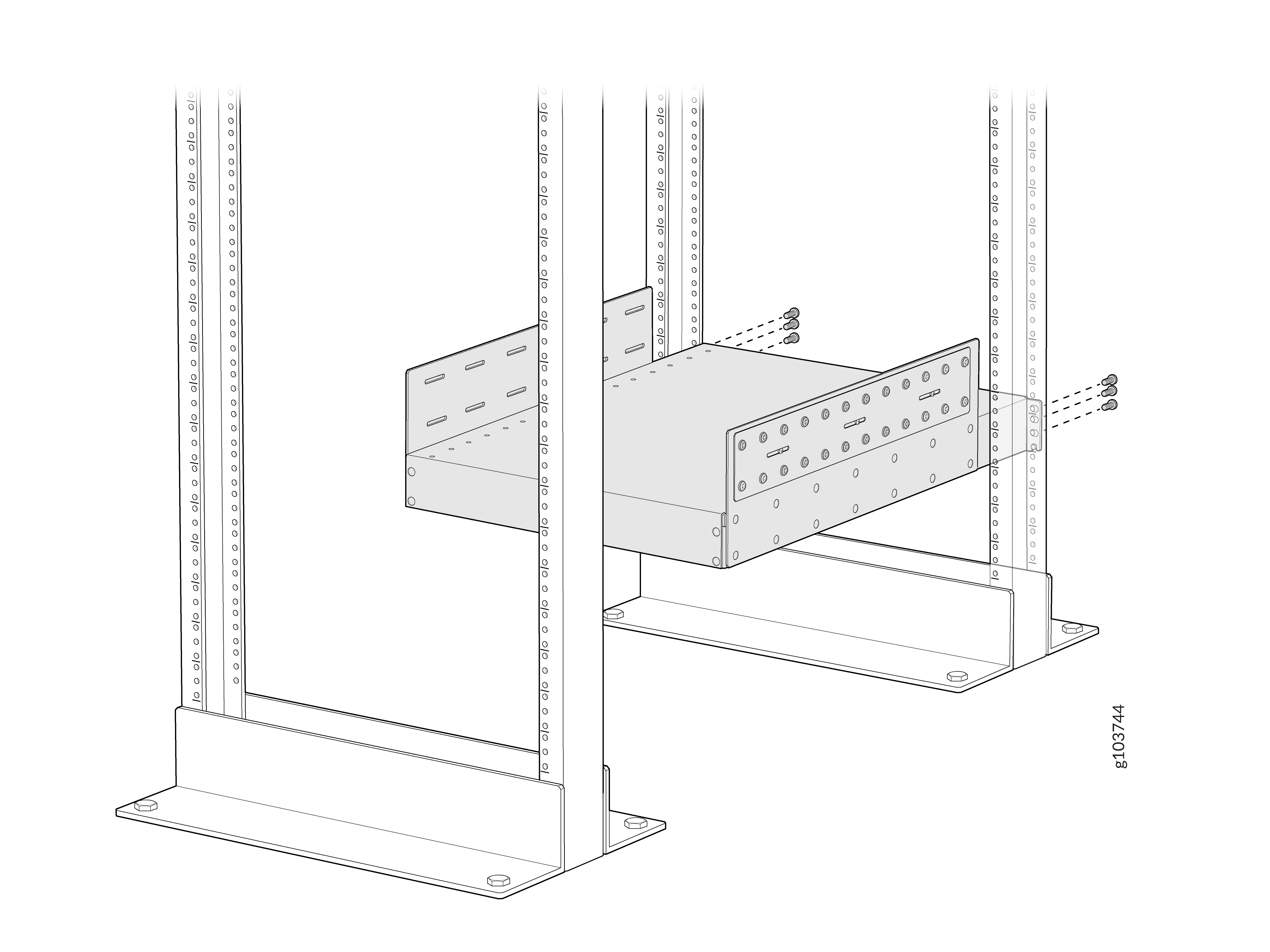 Server rack illustration showing a shelf being installed on vertical rails with screws, highlighting perforations and mounting holes.