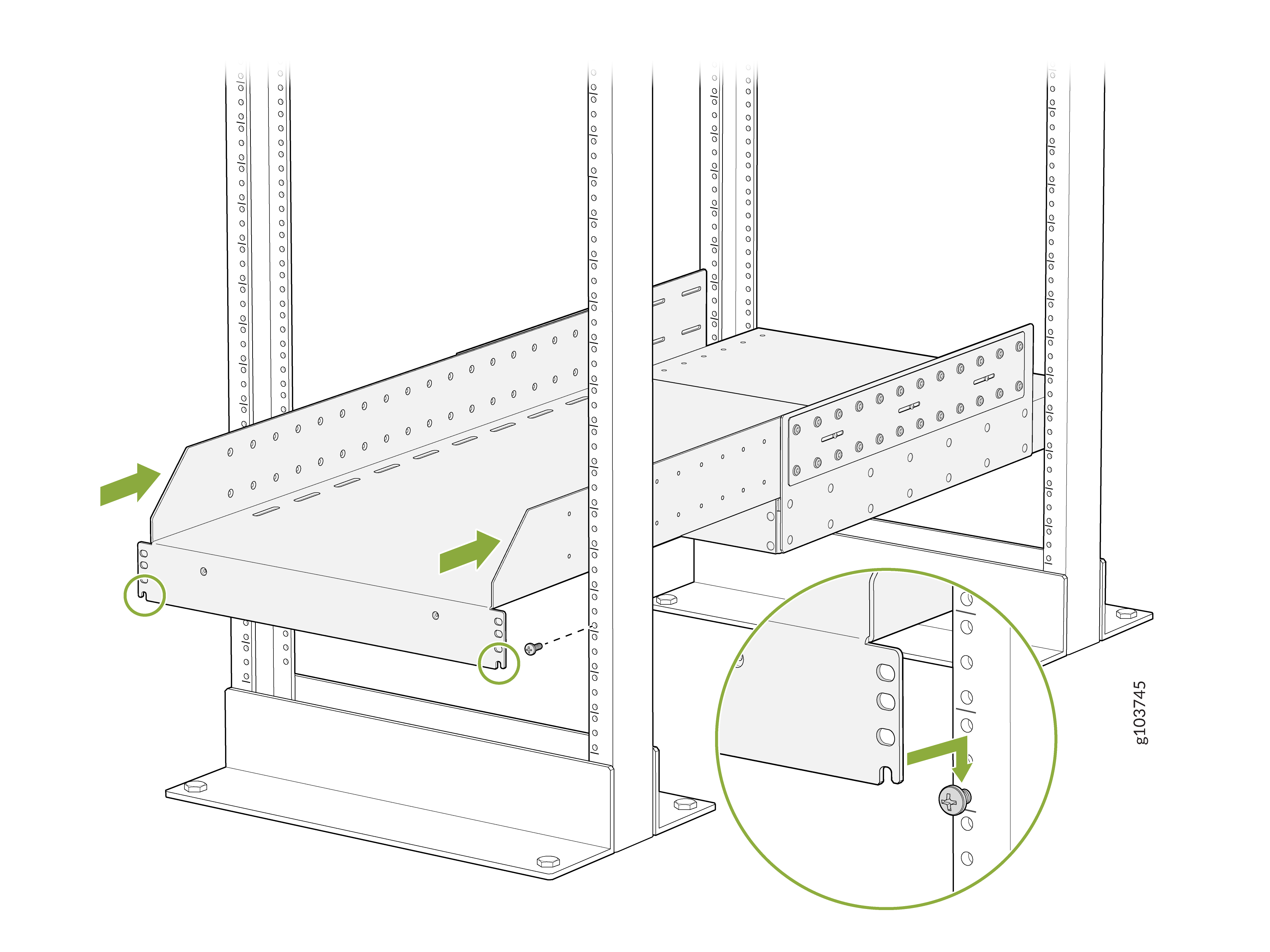 Assembly instruction for installing a metal shelf in a rack system with directional arrows and a close-up of fastening with screws.