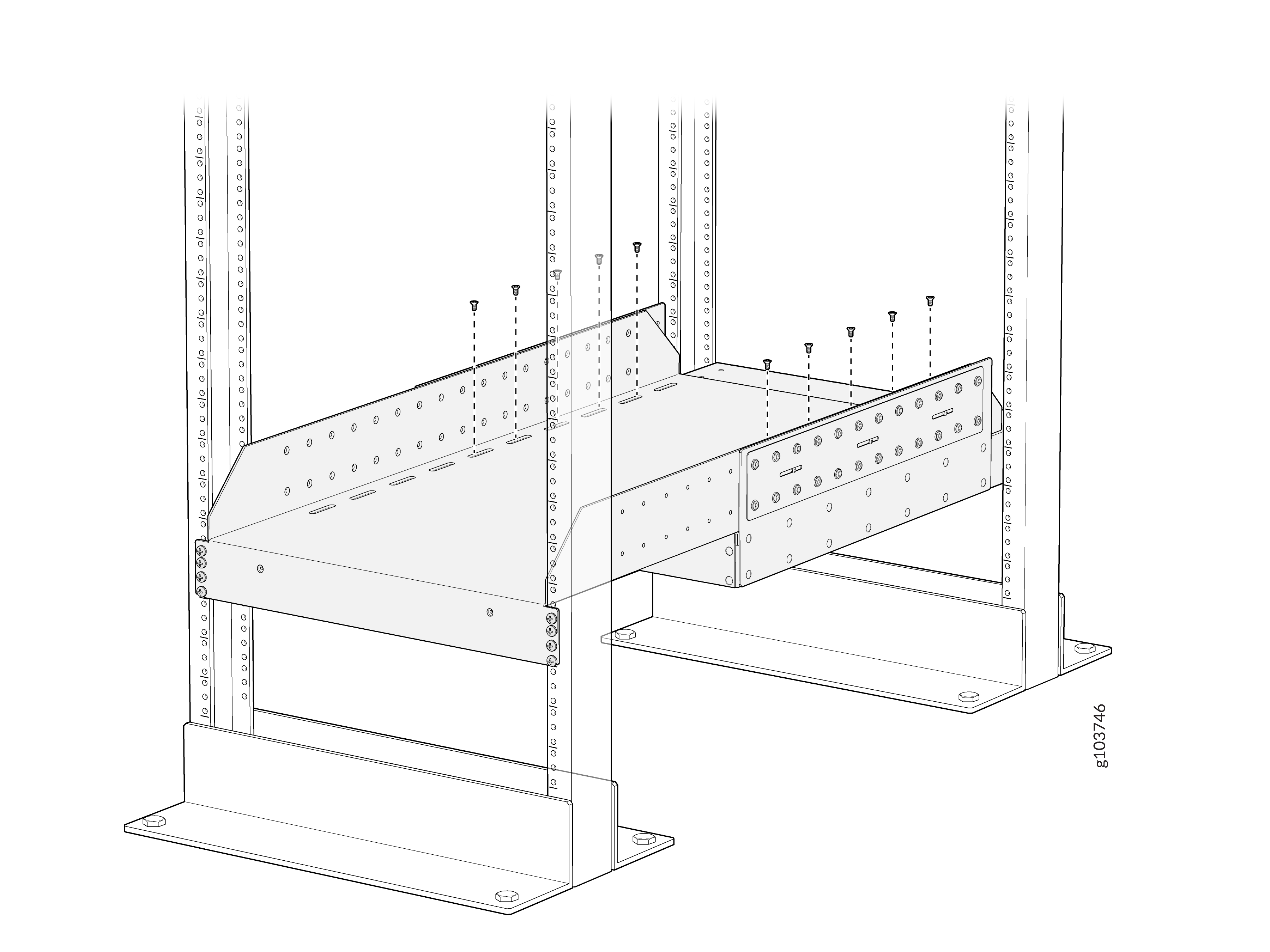 Metal shelving system being assembled with screws and brackets for industrial storage purposes.