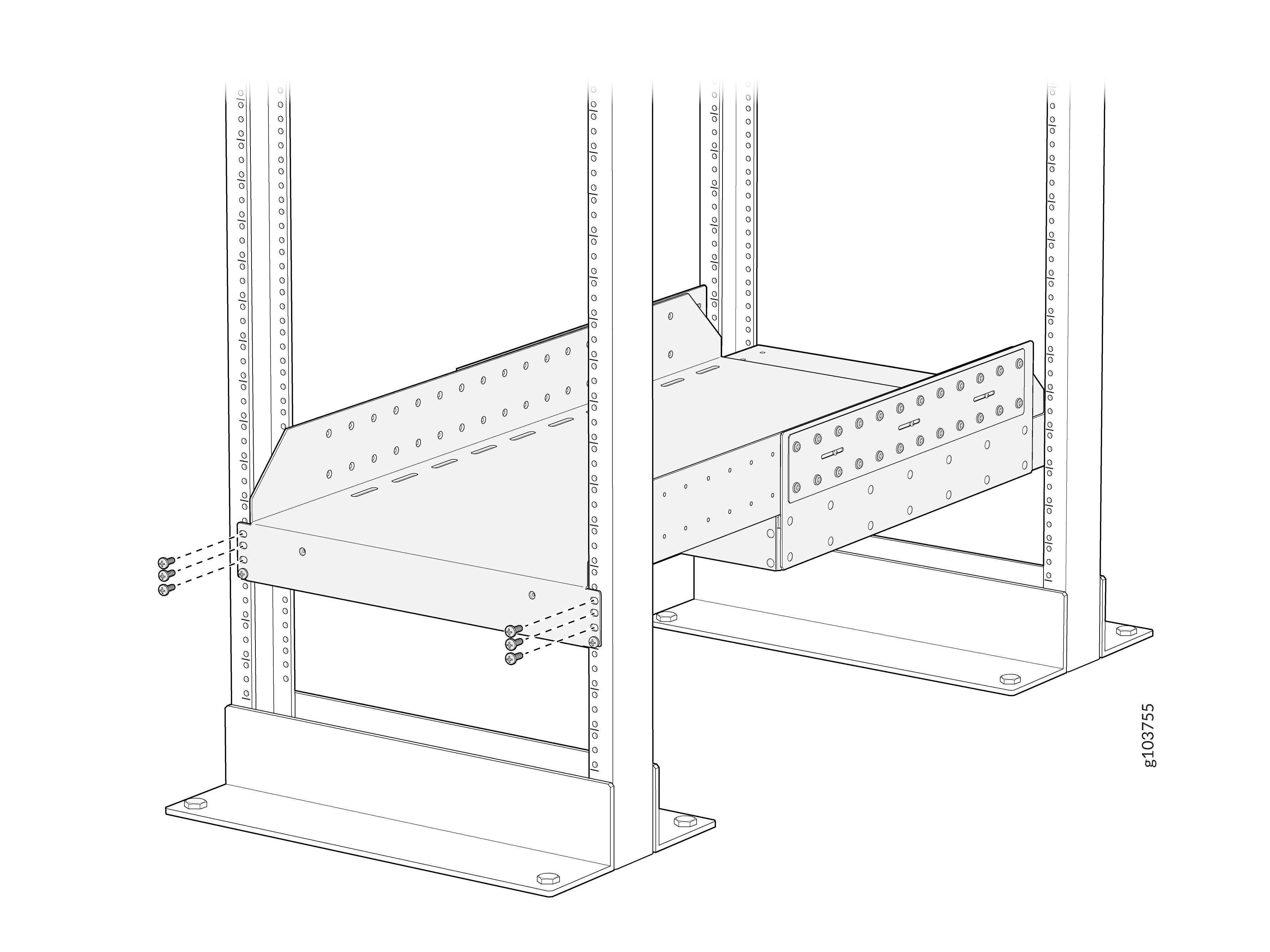 Technical drawing of a metal shelving system with adjustable shelves and bolt-secured horizontal beams.
