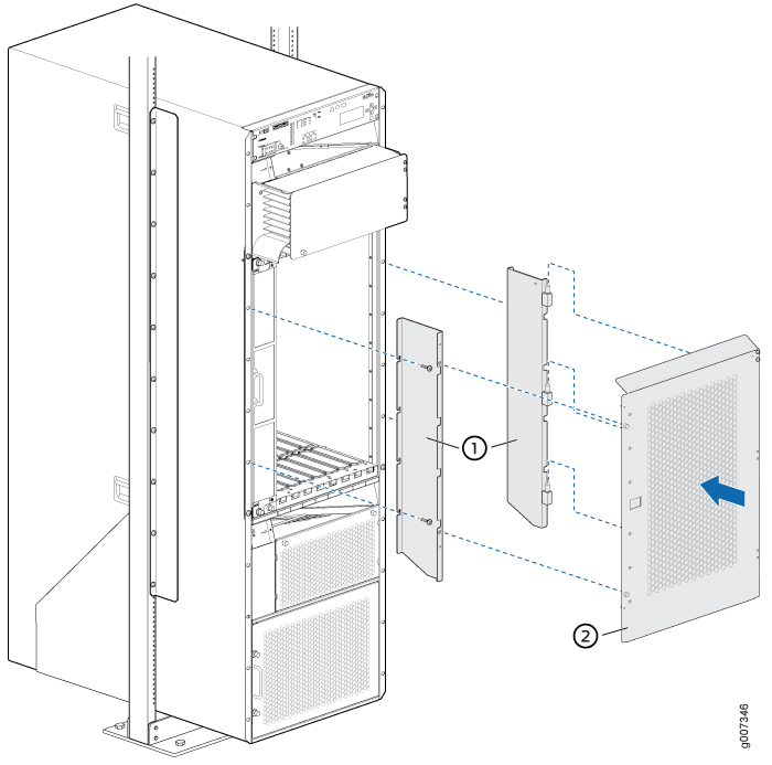 Installing the Front Door on a PTX5000 Router in an Open-Frame Rack