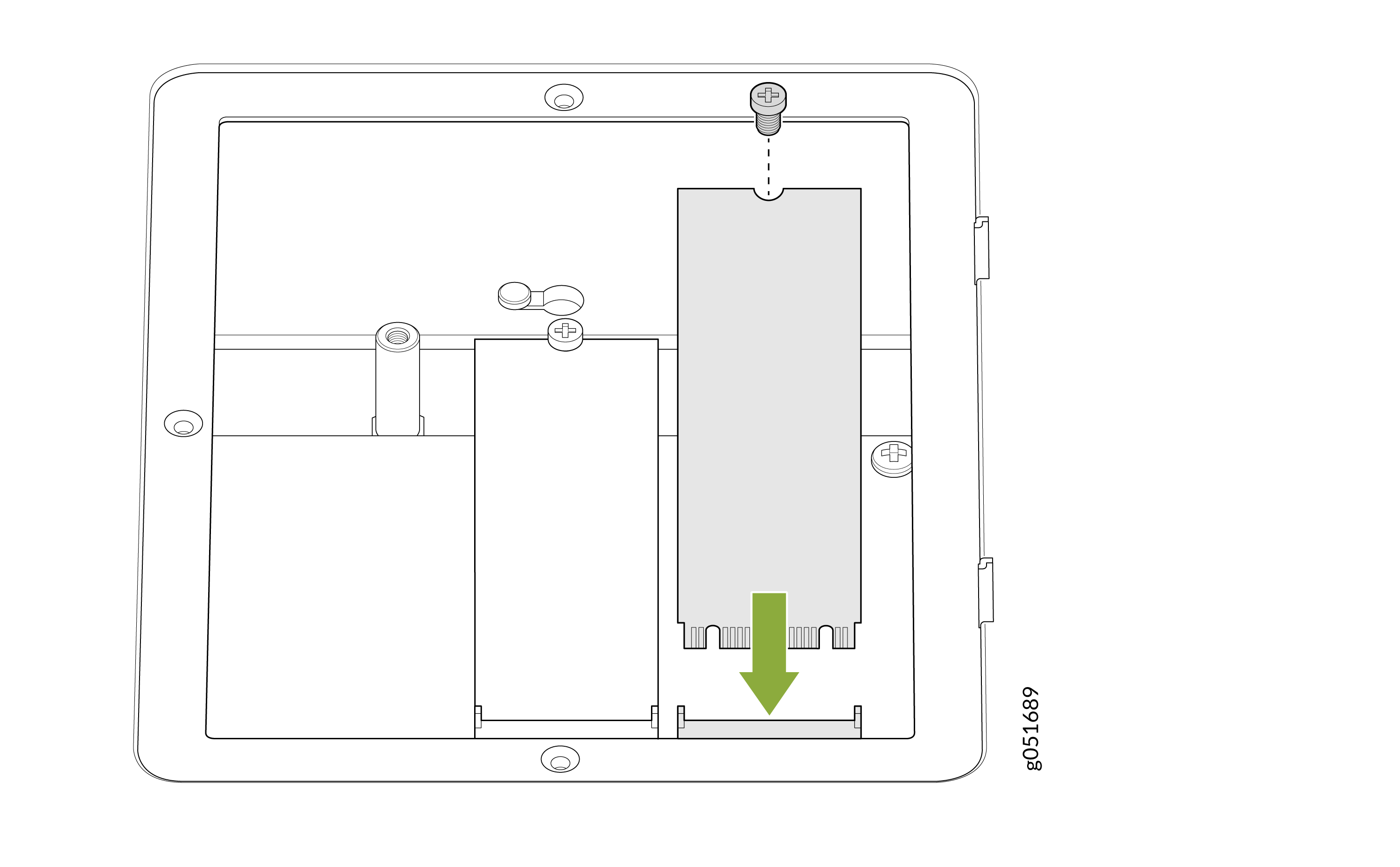 Module installation or removal process with green arrow showing direction, visible screws, and mounting points.