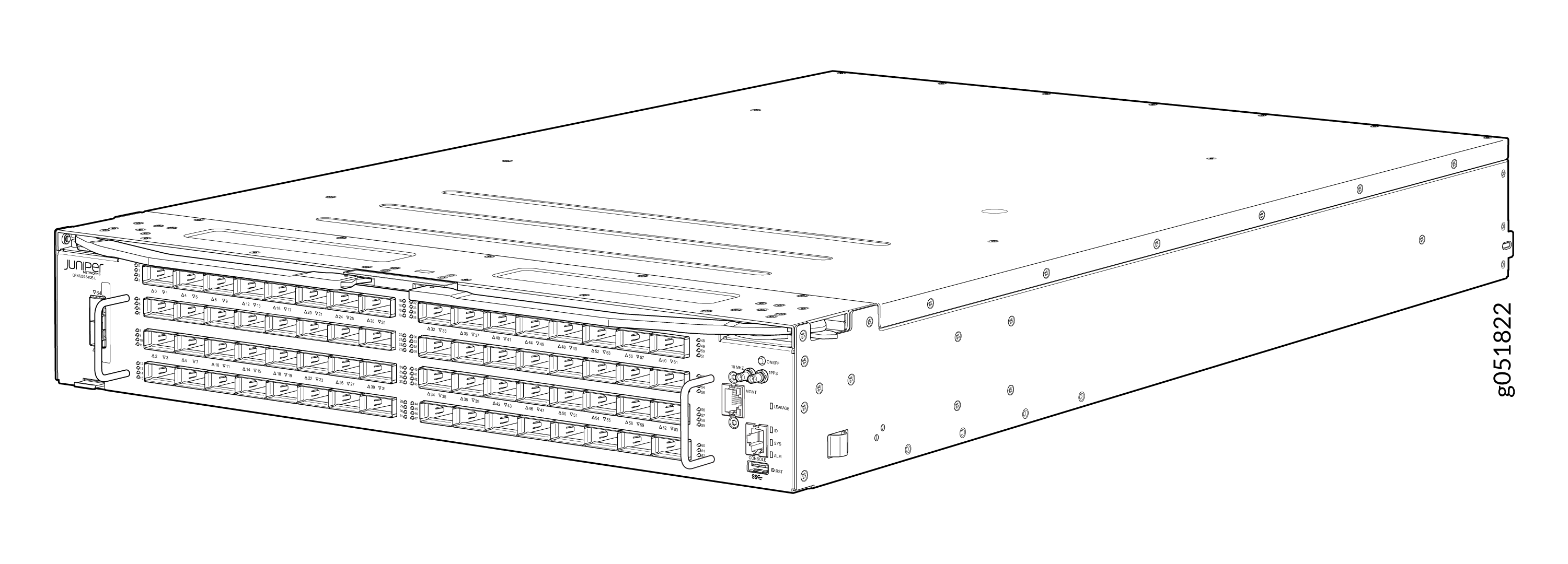 Front View of the QFX5250 Liquid-Cooled Switch
