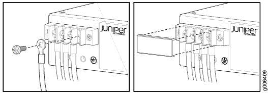 Diagram showing grounding cable attachment to a Juniper Networks device; left side shows cable being screwed to grounding point, right side shows cable securely attached.