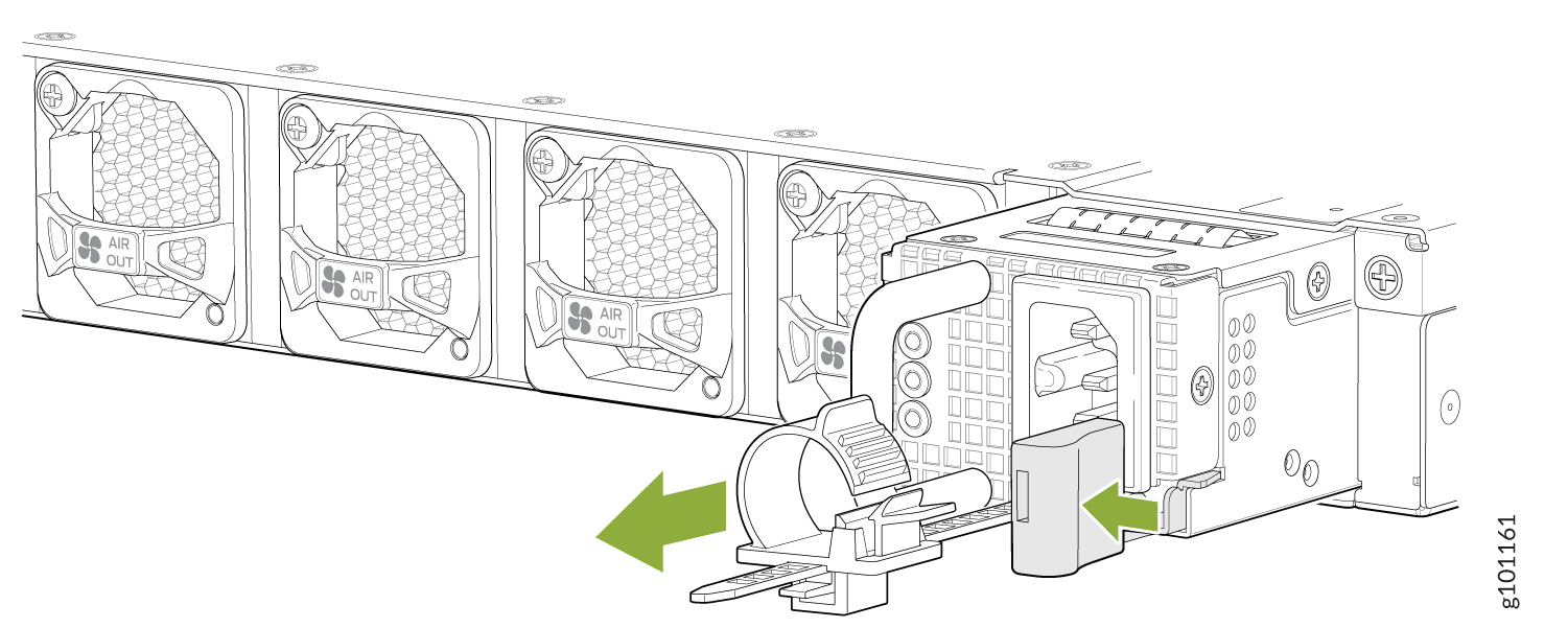 Technical illustration showing cooling fans labeled AIR OUT with airflow direction arrows on the left and a removable power supply unit with green arrows indicating installation or removal on the right.