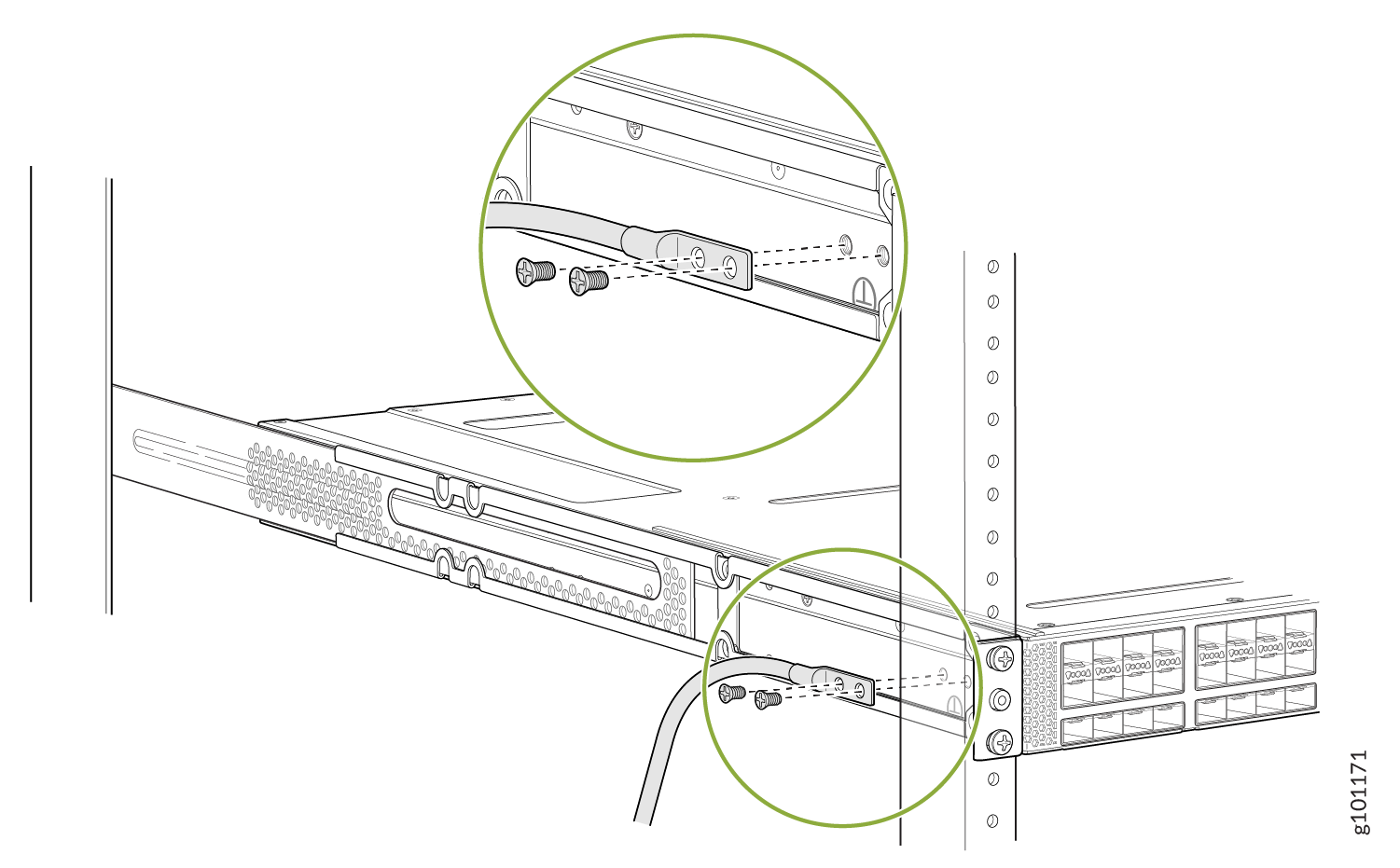 Rack-mounted server installation with cables and connectors being secured. Green circles highlight screws and connectors attached to the server chassis.