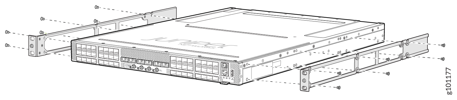 Juniper Networks device being mounted into an equipment rack using brackets and screws
