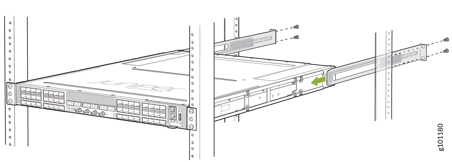 Rack-mounted Juniper Networks device being installed into server rack using sliding rails and screws, with green arrow indicating sliding direction.