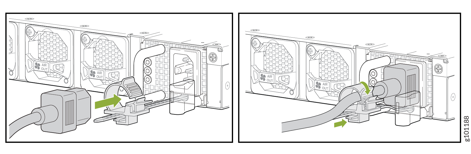Aligning the power cable with the port and securing it using a locking mechanism with green arrows indicating movement.