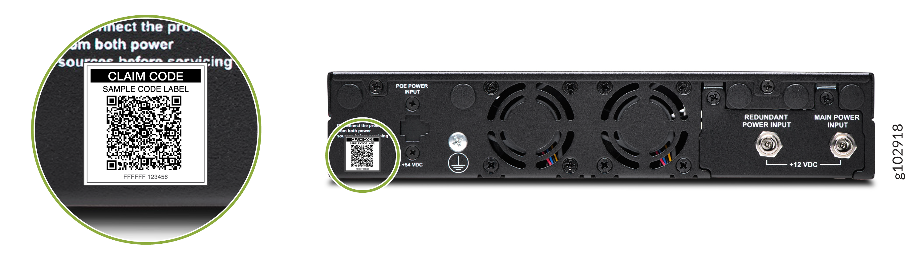 Rear panel of a device with +12 VDC main and redundant power inputs, +54 VDC PoE input, cooling fans, grounding symbol, QR code, and serial number 8102918.