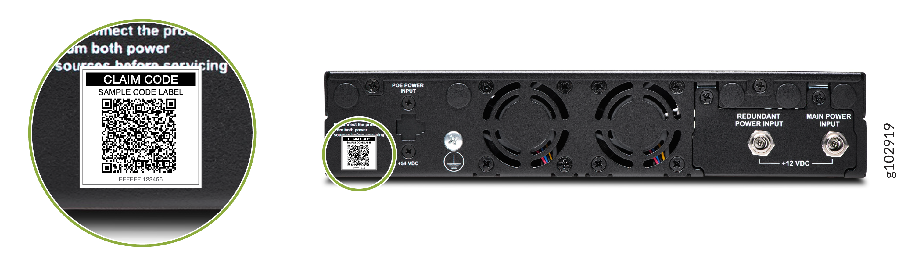 Back panel of a network device with POE, redundant, and main power inputs, cooling fans, and a highlighted QR code for registration.