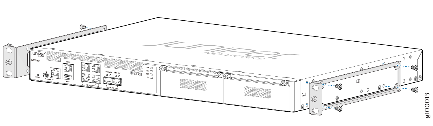 Juniper Networks NFX150 device mounted in a rack with Ethernet and SFP ports, console port, and status LEDs.