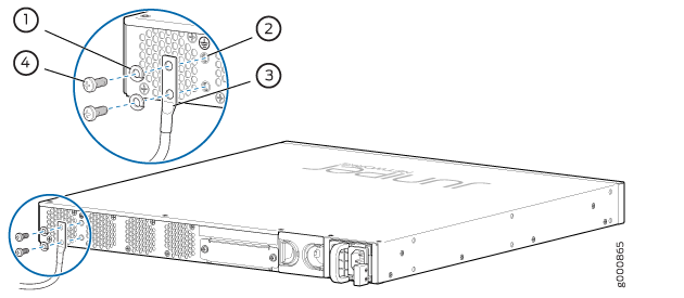 Rear panel of a Juniper Networks rack-mounted device showing power supply module, retainer clip, AC power inlet, and power cord connection.