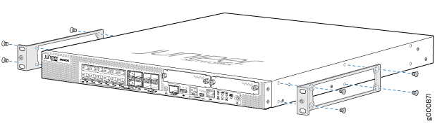 Diagram showing how to attach mounting brackets to a Juniper Networks router or switch for rack installation with screw placement.