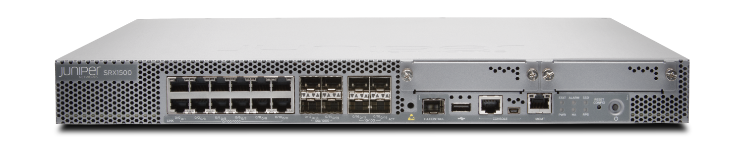 Juniper Networks SRX1500 firewall with Ethernet and SFP ports, management interfaces, status LEDs, and cooling vents.