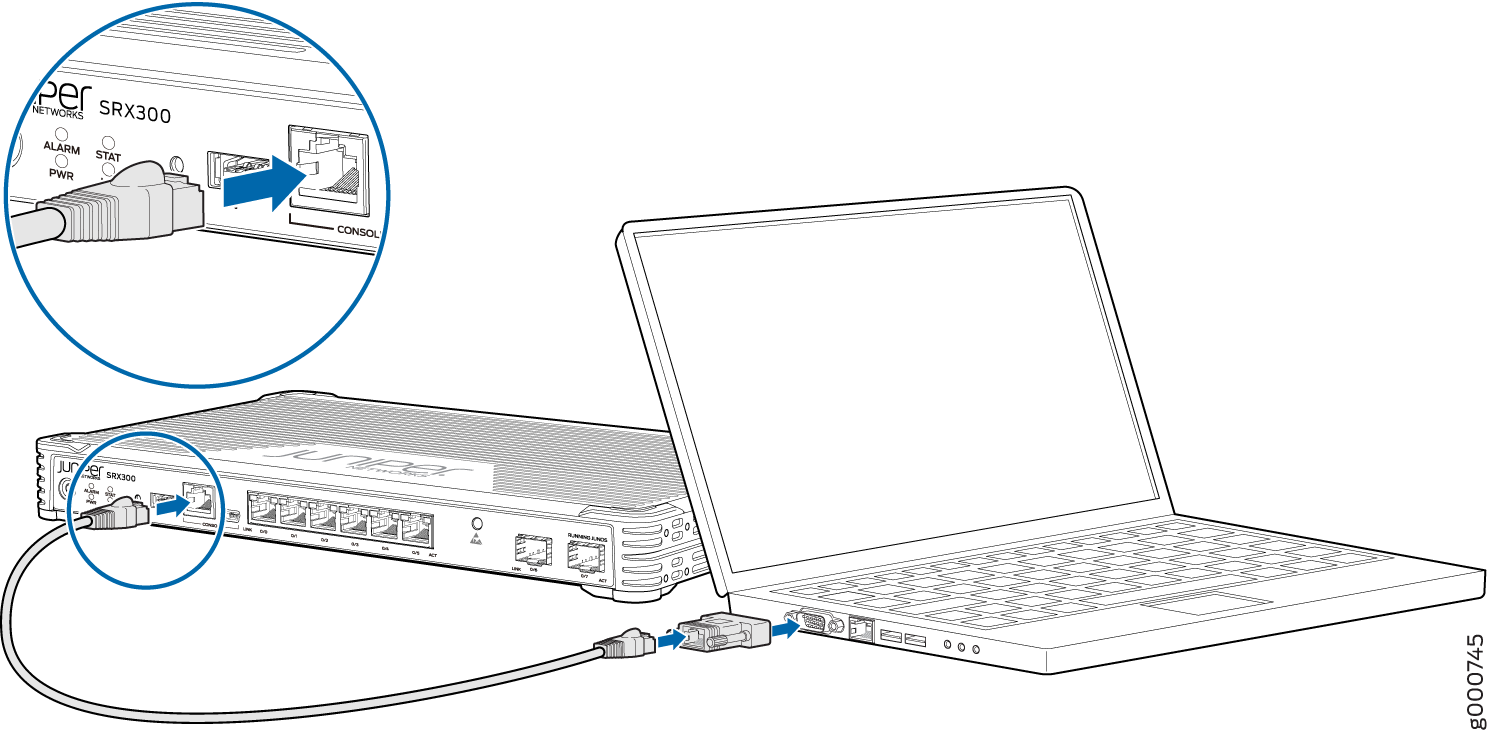 Juniper Networks SRX300 connected to a laptop via console cable for network configuration.