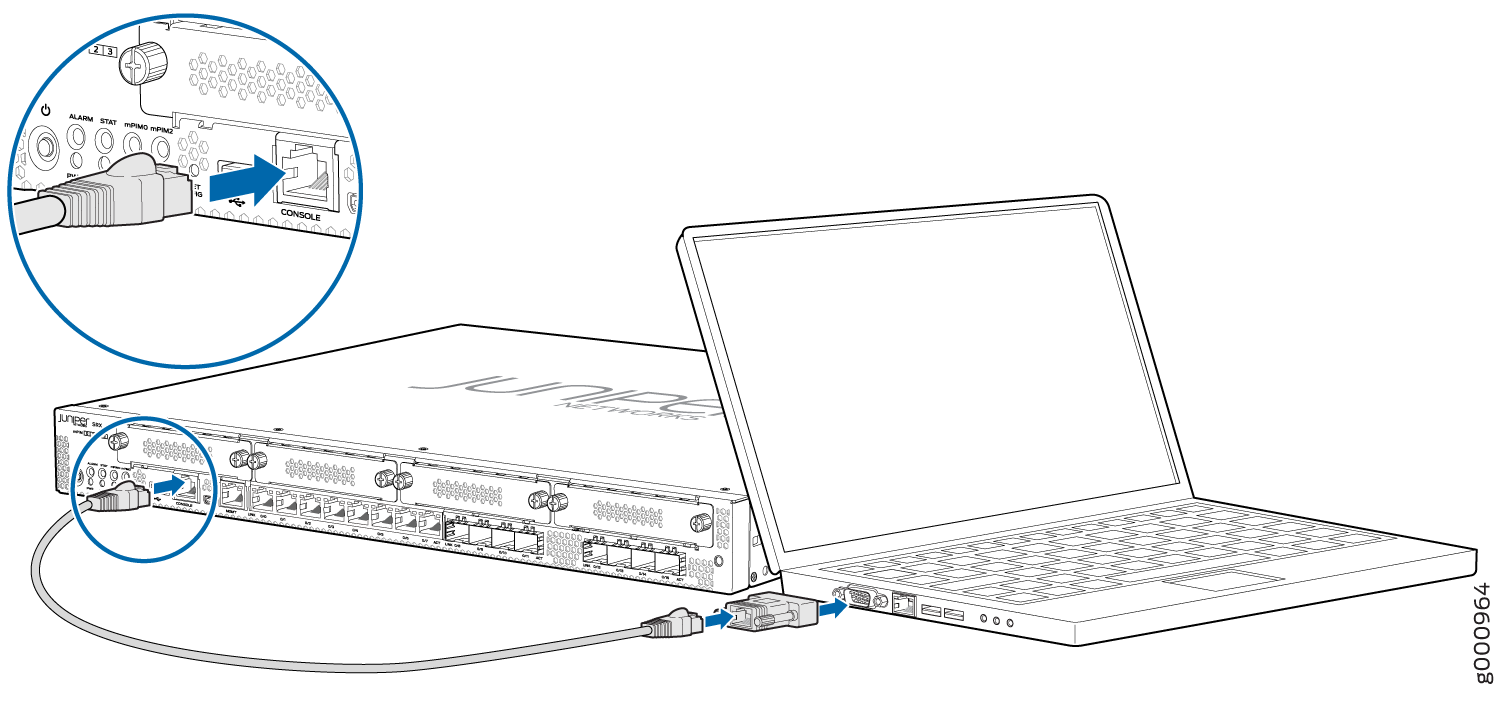 Connecting a laptop to a Juniper Networks device via console port for management and configuration.