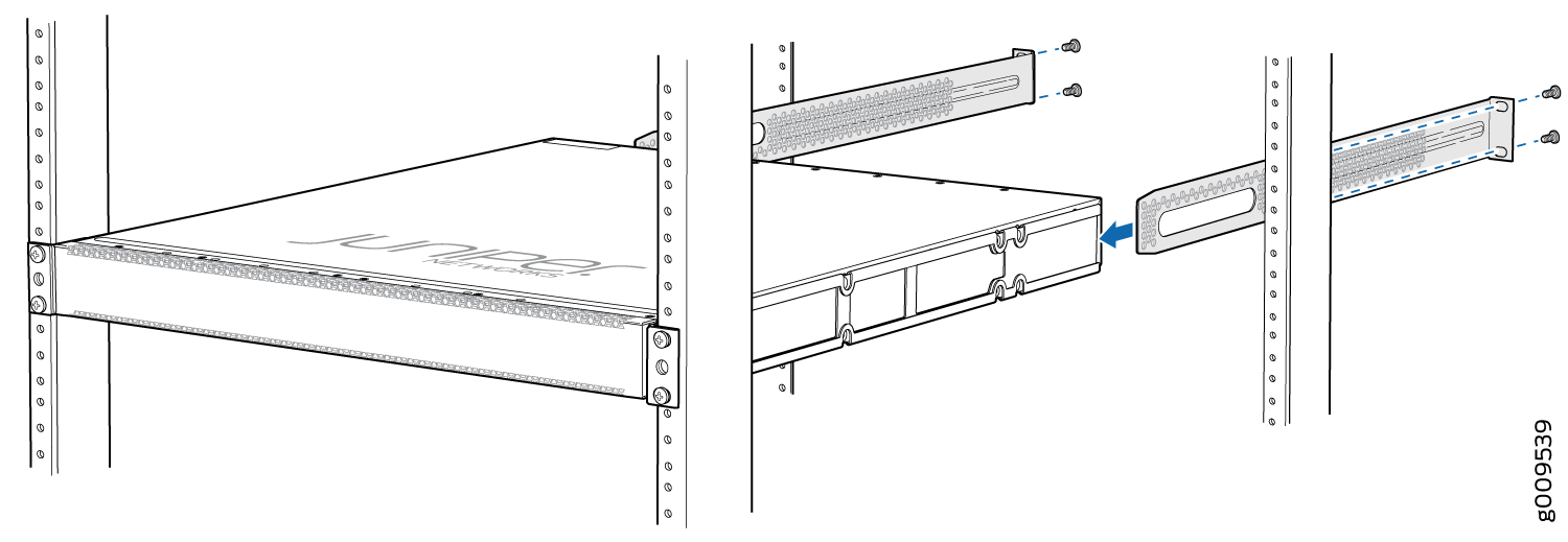 Installing a Juniper Networks device in a rack using brackets and screws.