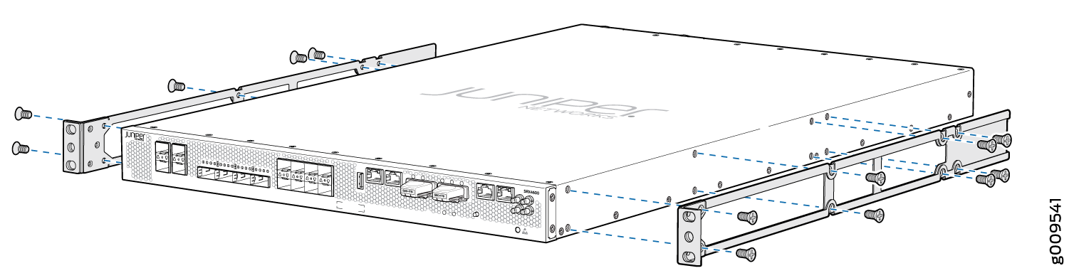 Juniper Networks device with rack-mounting brackets attached for installation into a standard equipment rack.