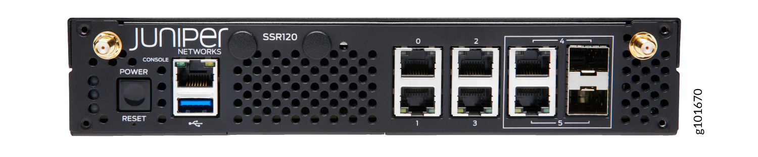 Juniper Networks SSR120 network device with Ethernet, USB, and console ports for routing or switching purposes.
