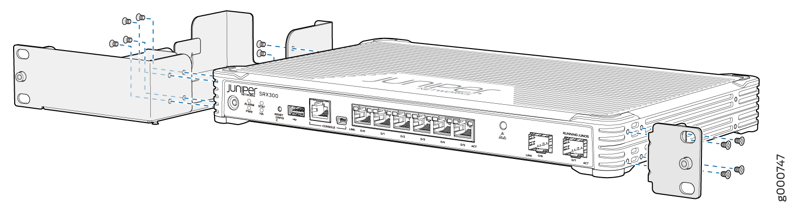 SRX300 Firewall Rack Installation — Positioning the Mounting Brackets