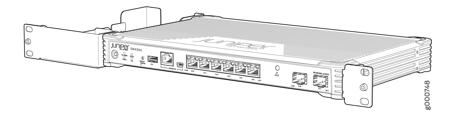 SRX300 Firewall Rack Installation — Securing the Mounting Brackets and Power Supply Adapter Tray