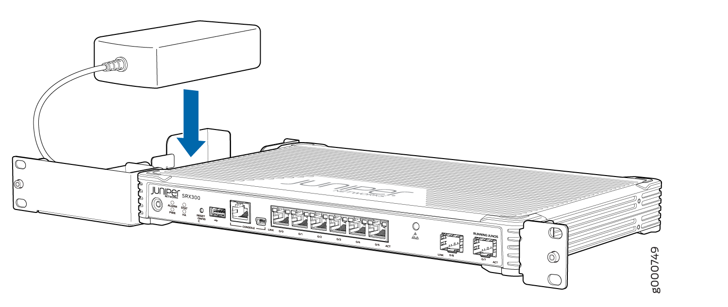 SRX300 Firewall Rack Installation — Positioning the Power Supply Adapter Tray