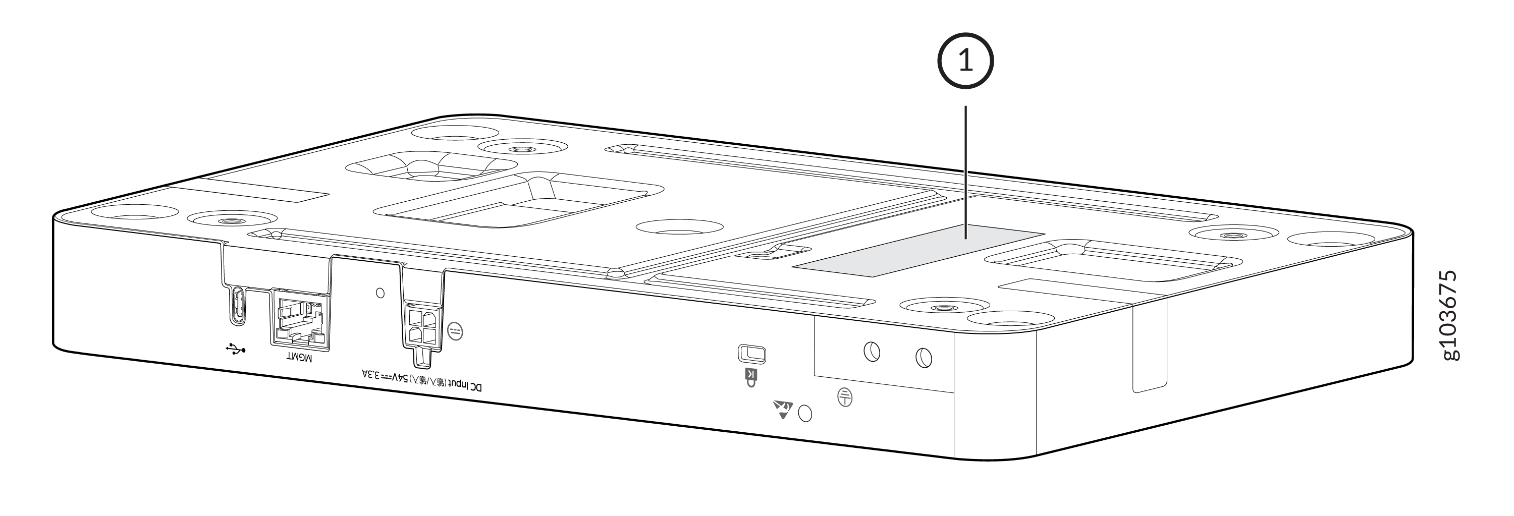 Technical diagram of a network module with USB port, Ethernet port, DC power input, and labeled section 1 for feature identification.
