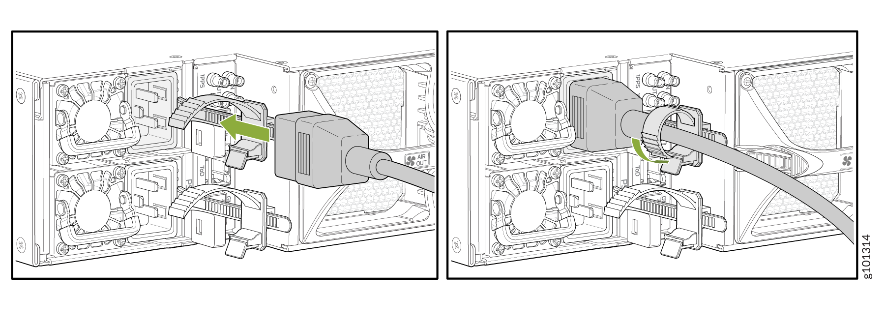 Connect the power cable to the device; insert into port with green arrow, then secure with retention clip using green curved arrow.