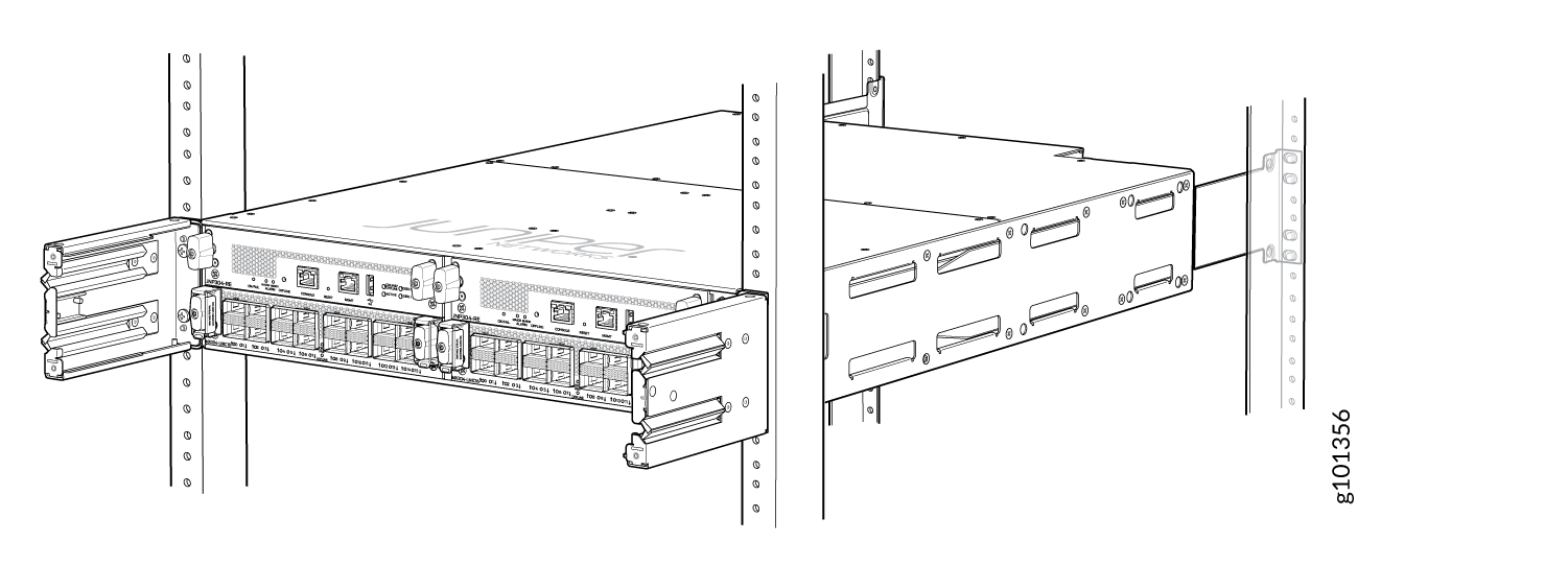 Juniper Networks rack-mounted device with multiple network ports and status indicators in a server rack.