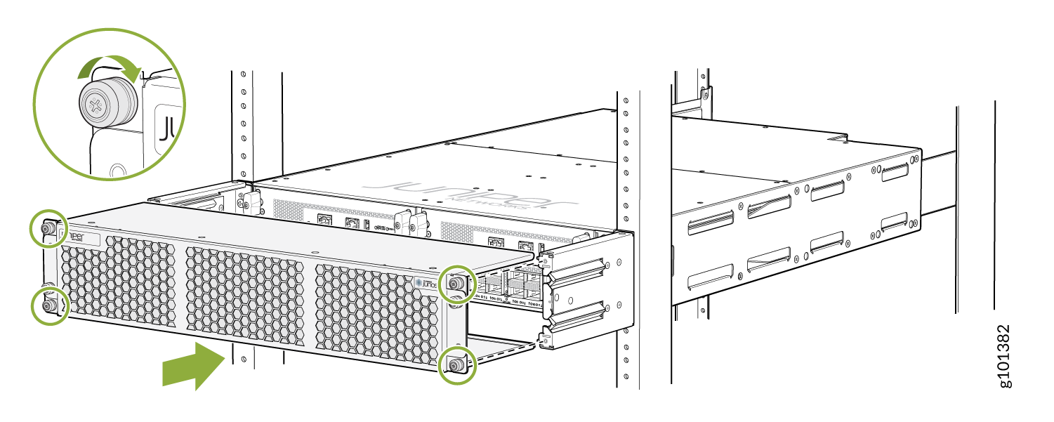 Juniper Networks hardware unit being installed or removed from server rack with fasteners highlighted in green circles and arrow indicating direction.
