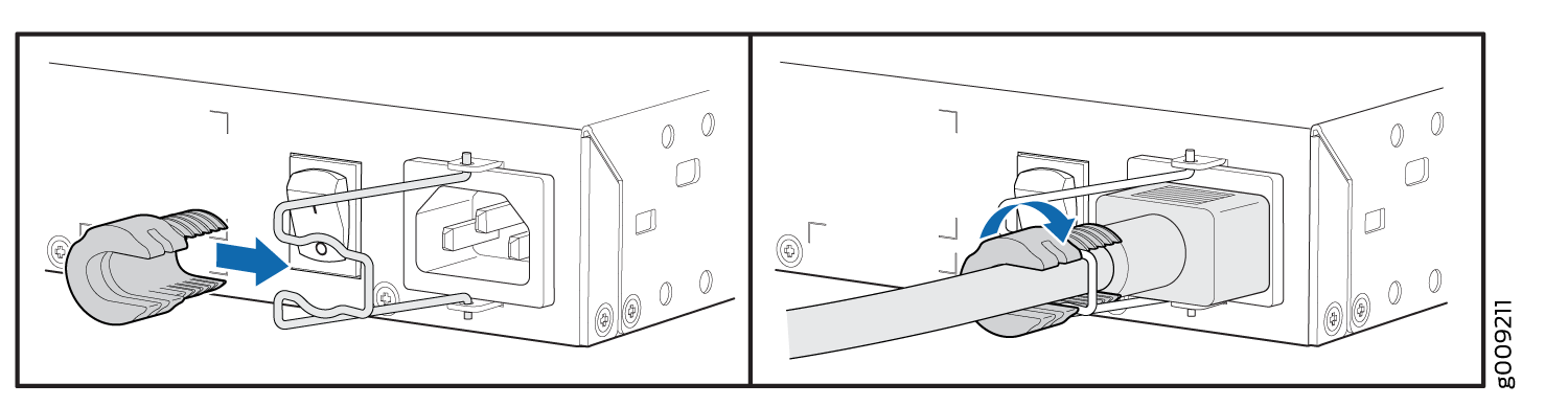 Cable connection process: Align cable connector with port on the left; securely attach by twisting on the right.