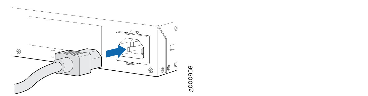 Power cable being plugged into an IEC connector with a blue arrow showing insertion direction.