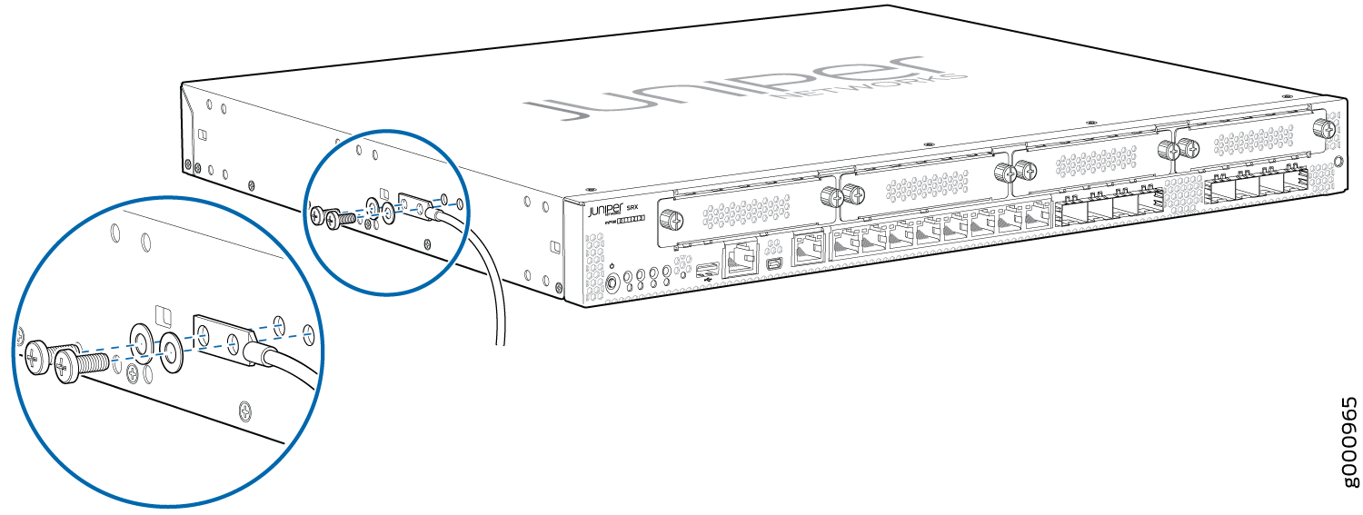Juniper Networks SRX series device grounding process with screws, washers, and grounding cable attached to chassis for safety.