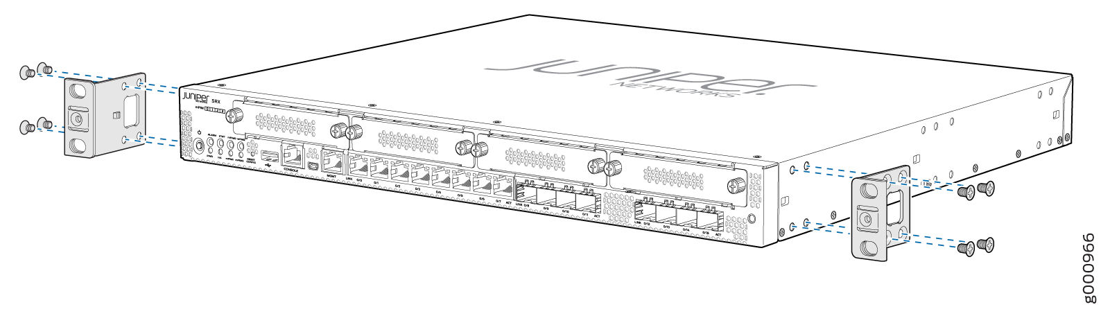 Juniper Networks device with rack-mount brackets installation for server rack setup.