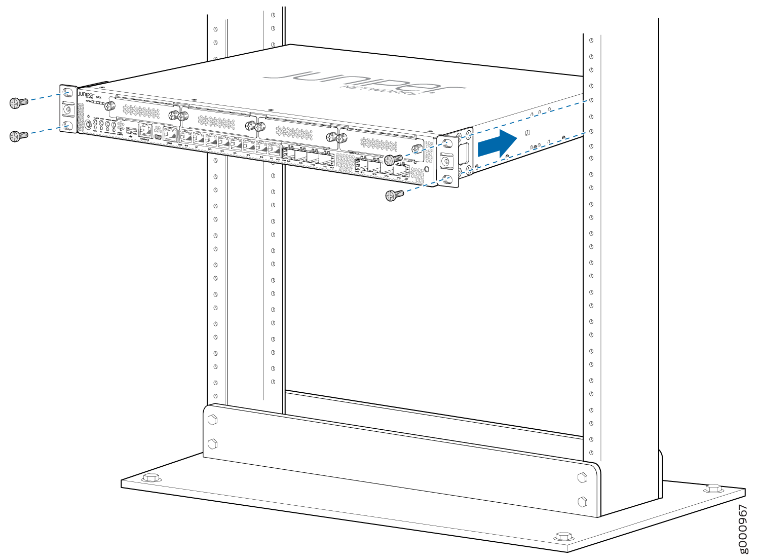 Juniper Networks device being installed into a server rack with screws, indicated by arrows and dotted lines.